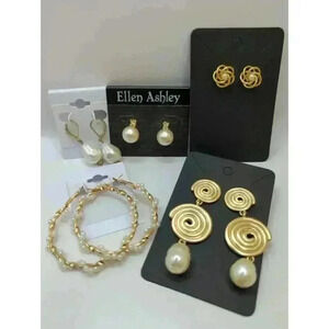 NWT and EUC Lot Gold Tone Pearl Hoop Drop Stud Earrings Set Of 5 Pairs Womens